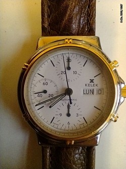 Chronographe Kelek, automatique Valjoux 775 idem Breitling, jour date,  Diamètre 38 mm. Boite sans papiers.  850 €.